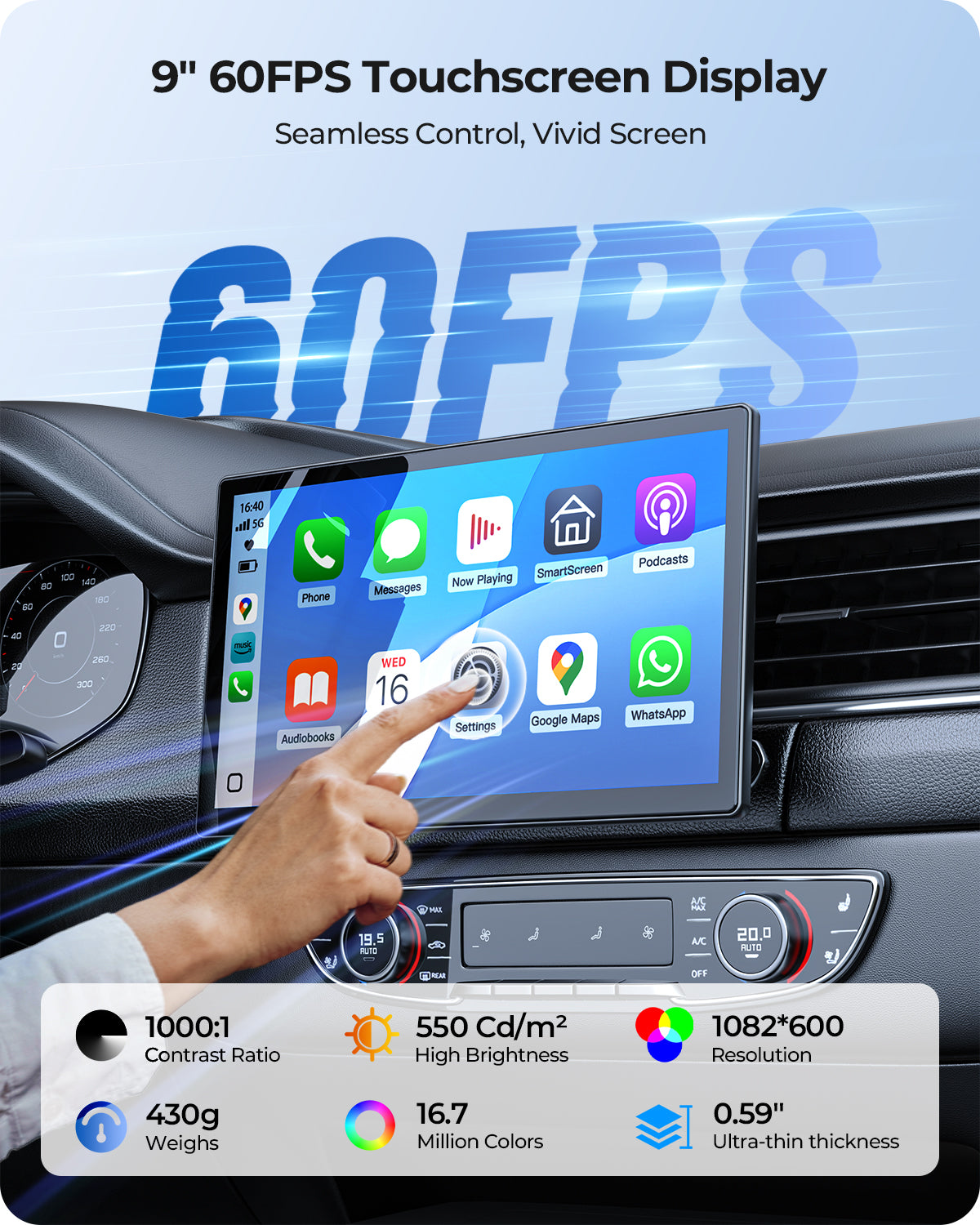 Krunia RC07 9 Inch Carplay/Android Auto Screen for Car